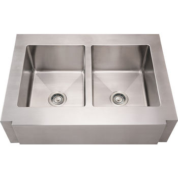 Noah Collection - Commercial Double Bowl Sink with Notched Front-Apron, Brushed Stainless Steel