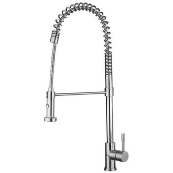 Whitehaus Waterhaus Lead Free Solid Stainless Steel Commerical Single-Hole Kitchen Faucet with Flexible Pull Down Spray Head, Swivel Spout Support Bar and Lever Handle in Polished Stainless Steel