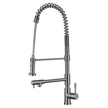 Whitehaus Waterhaus Lead Free Solid Stainless Steel Commerical Single-Hole Kitchen Faucet with Flexible Pull Down Spray Head, Swivel Support Bar & 2 Separate Control Levers in Brushed Stainless Steel