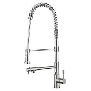 Whitehaus Waterhaus Lead Free Solid Stainless Steel Commerical Single-Hole Kitchen Faucet with Flexible Pull Down Spray Head, Swivel Support Bar & 2 Separate Control Levers in Polished Stainless Steel
