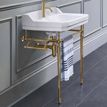 Whitehaus Victoriahaus Console with Integrated Rectangular Bowl in White, Towel Bar, Backsplash, Single Hole Console w/ Brass Legs In Use View
