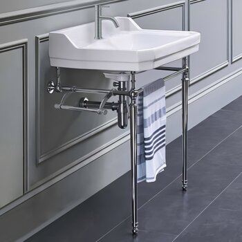 Whitehaus Victoriahaus Console with Integrated Rectangular Bowl in White, Towel Bar, Backsplash, Single Hole Console w/ Polished Chrome Legs In Use View