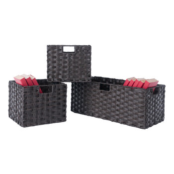 Winsome Wood Melanie Collection 3-Piece Foldable Woven Fiber Basket Set, 1-Large Basket and 2-Small Baskets, Chocolate 3-Piece Basket Set: 1 Large, 2 Small Prop View