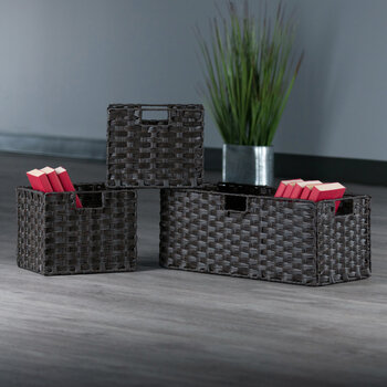 Winsome Wood Melanie Collection 3-Piece Foldable Woven Fiber Basket Set, 1-Large Basket and 2-Small Baskets, Chocolate
