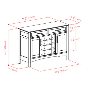 Winsome Wood Gordon Collection Buffet Cabinet with 2-Drawers, 2-Sliding Cabinet Doors, and 16-Wine Bottle Holder, Cappuccino Dimensions