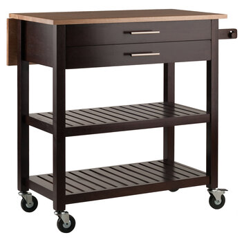 Winsome Wood Langdon Collection Mobile Kitchen Cart with Drop Leaf, 2-Drawers, 2-Slatted Open Shelves, and Towel Holder, Cappuccino and Natural Right Angle View