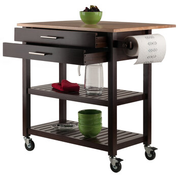 Winsome Wood Langdon Collection Mobile Kitchen Cart with Drop Leaf, 2-Drawers, 2-Slatted Open Shelves, and Towel Holder, Cappuccino and Natural Opened Prop View