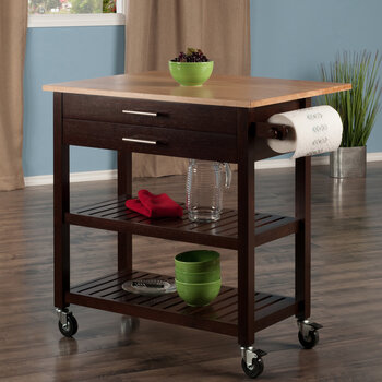 Winsome Wood Langdon Collection Mobile Kitchen Cart with Drop Leaf, 2-Drawers, 2-Slatted Open Shelves, and Towel Holder, Cappuccino and Natural 