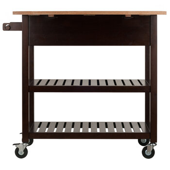 Winsome Wood Langdon Collection Mobile Kitchen Cart with Drop Leaf, 2-Drawers, 2-Slatted Open Shelves, and Towel Holder, Cappuccino and Natural Opened View