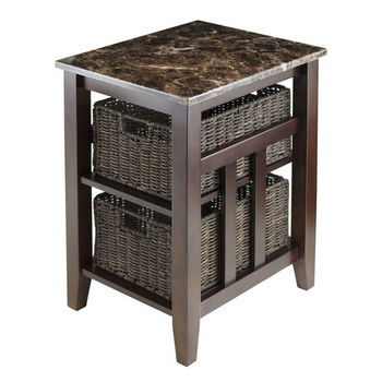 Winsome Wood Zoey Side Table Faux Marble Top with 2 Baskets in Chocolate, 20-1/16''W x 16-9/16''D x 25-1/16''H