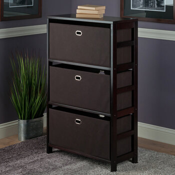 Winsome Wood Torino Collection 4-Piece Storage Shelf with 3 Foldable Fabric Baskets, Espresso and Chocolate