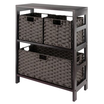 Winsome Wood Leo Collection 4-Piece Storage Shelf with 3 Foldable Woven Baskets, Espresso and Chocolate 4-Piece Set w/ 3 Baskets Product View