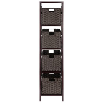 Winsome Wood Leo Collection 5-Piece Storage Shelf with 4 Foldable Woven Baskets, Espresso and Chocolate 5-Piece Set w/ 4 Baskets Front View