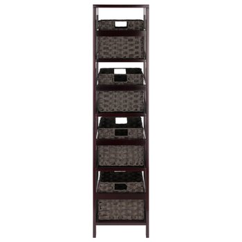 Winsome Wood Leo Collection 5-Piece Storage Shelf with 4 Foldable Woven Baskets, Espresso and Chocolate 5-Piece Set w/ 4 Baskets Back View