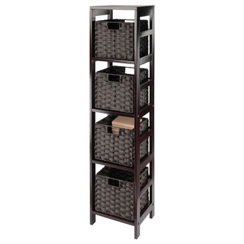 Winsome Wood Leo Collection 5-Piece Storage Shelf with 4 Foldable Woven Baskets, Espresso and Chocolate 5-Piece Set w/ 4 Baskets Prop View