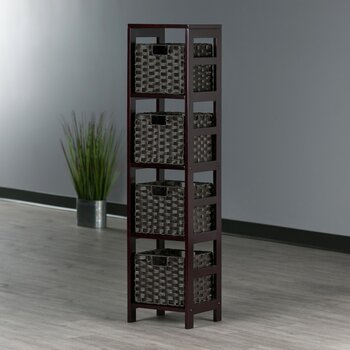 Winsome Wood Leo Collection 5-Piece Storage Shelf with 4 Foldable Woven Baskets, Espresso and Chocolate