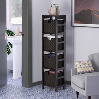 Winsome Wood Leo Collection 5-Piece Storage Shelf with 4 Foldable Woven Baskets, Espresso and Chocolate 5-Piece Set w/ 4 Baskets Room View