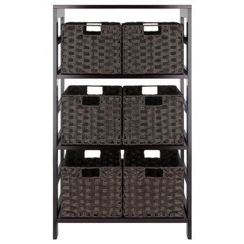Winsome Wood Leo Collection 7-Piece Storage Shelf with 6 Foldable Woven Baskets, Espresso and Chocolate 7-Piece Set w/ 6 Baskets Front View