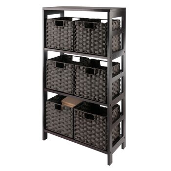 Winsome Wood Leo Collection 7-Piece Storage Shelf with 6 Foldable Woven Baskets, Espresso and Chocolate 7-Piece Set w/ 6 Baskets Prop View