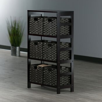 Winsome Wood Leo Collection 7-Piece Storage Shelf with 6 Foldable Woven Baskets, Espresso and Chocolate