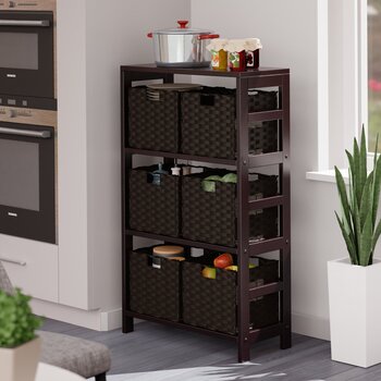 Winsome Wood Leo Collection 7-Piece Storage Shelf with 6 Foldable Woven Baskets, Espresso and Chocolate 7-Piece Set w/ 6 Baskets Room View