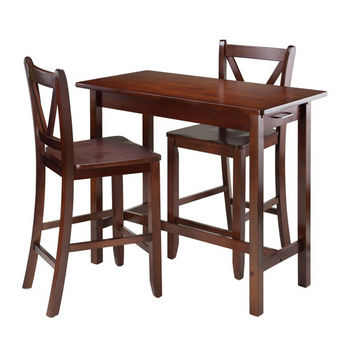 Winsome Wood 3-Pc Kitchen Island Table with 2 V-Back Stool in Walnut, 40''W x 19-11/16''D x 33-1/4''H