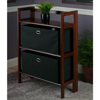 Winsome Wood Torino Collection 3-Piece Storage Shelf with 2 Foldable Fabric Baskets, Walnut and Black