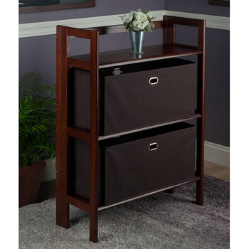 Winsome Wood Torino Collection 3-Piece Storage Shelf with 2 Foldable Fabric Baskets, Walnut and Chocolate