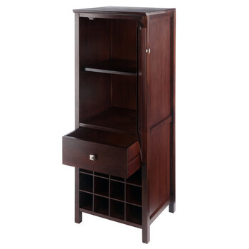 Winsome Wood Brooke Collection Jelly 3-Section Cupboard, 1-Drawer, Wine Storage, Walnut Opened View