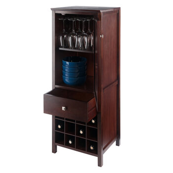 Winsome Wood Brooke Collection Jelly 3-Section Cupboard, 1-Drawer, Wine Storage, Walnut Opened Prop View