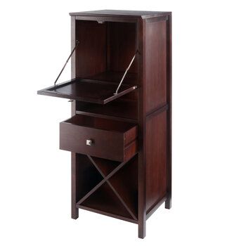 Winsome Wood Brooke Collection Jelly 4-Section Cupboard, 1-Drawer, Wine Storage, Walnut Opened View