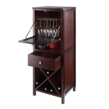 Winsome Wood Brooke Collection Jelly 4-Section Cupboard, 1-Drawer, Wine Storage, Walnut Opened Prop View